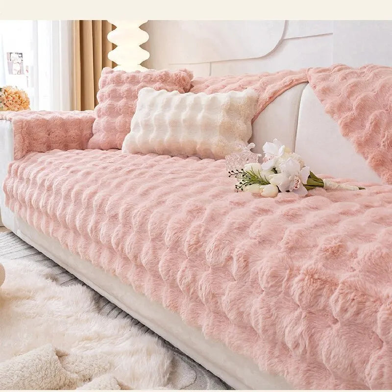 Modern solid colour sofa cushion with thickened bubble rabbit hair plush fabric on a combination sofa.