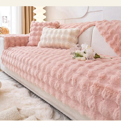 Modern solid colour sofa cushion with thickened bubble rabbit hair plush fabric on a combination sofa.