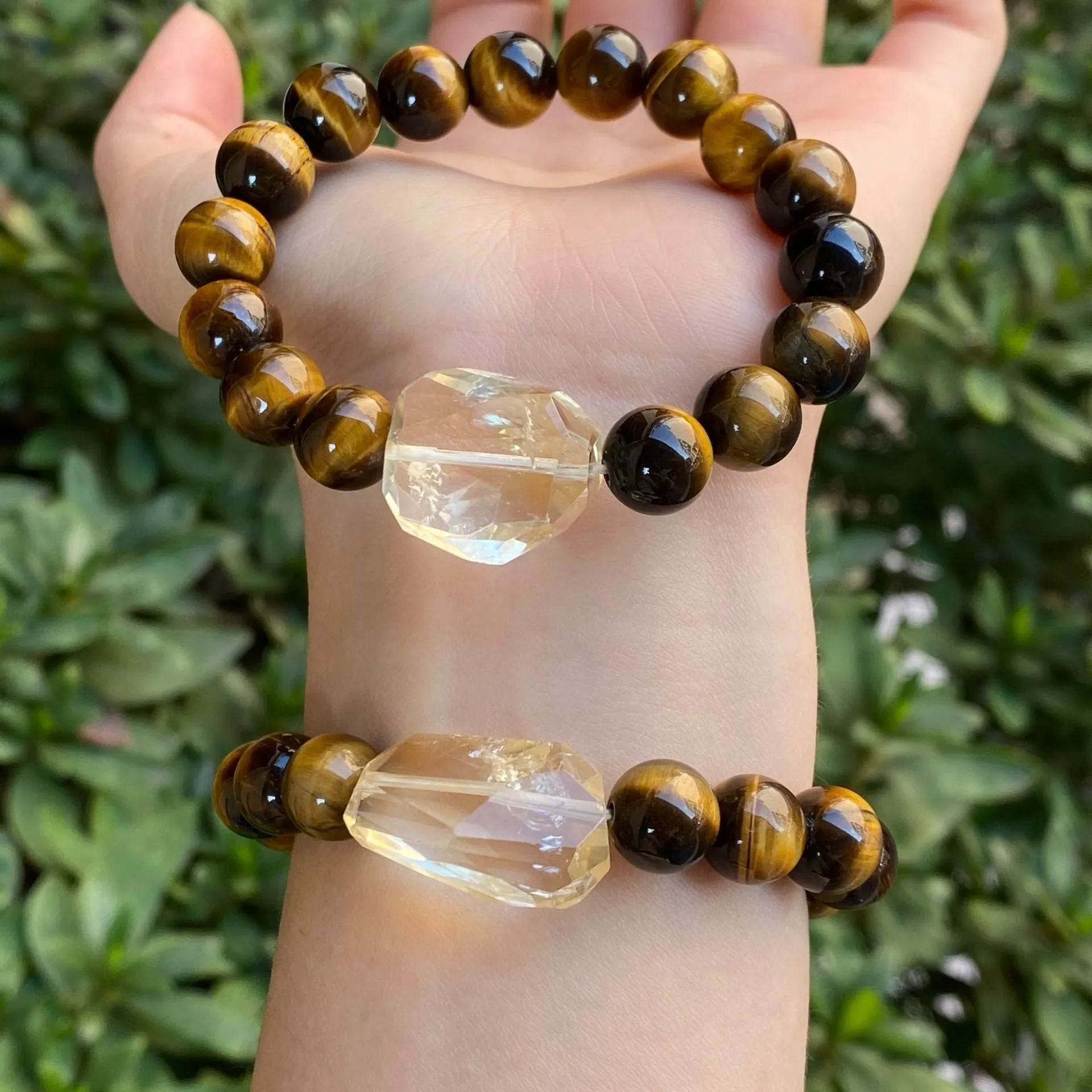 Handmade unisex crystal bracelet with a diamond gourd charm and assorted 10mm and 8mm beads.