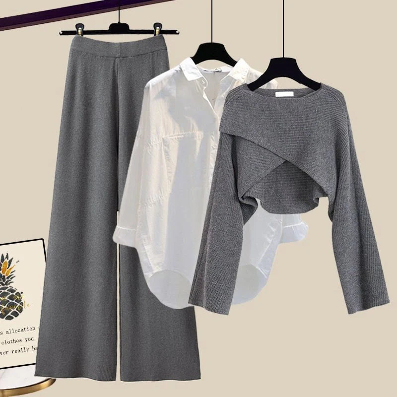Women's 3-piece knitted sweater suit with shirt and wide-leg pants in grey and white