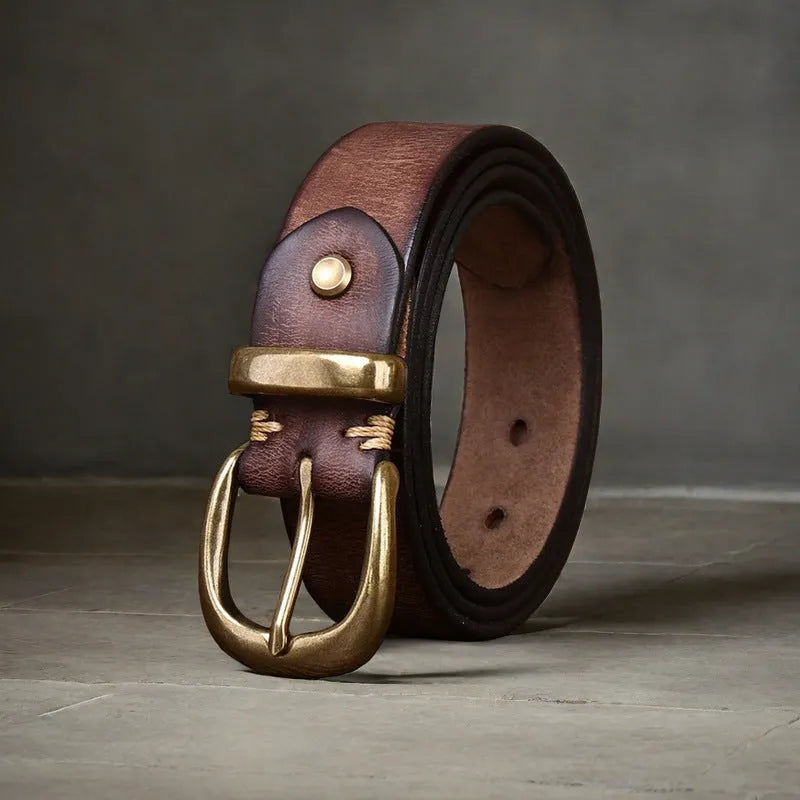 Men's casual jeans belt made from first layer pure cattlehide leather with pin buckle fastening and copper buckle, available in black, brown, and khaki colours in a length range of 95-125 cm with an ordinary width of 2-4 cm.