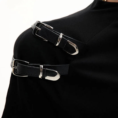 Men's black slim fit cotton t-shirt with metal belt design detail and contrast stitching.
