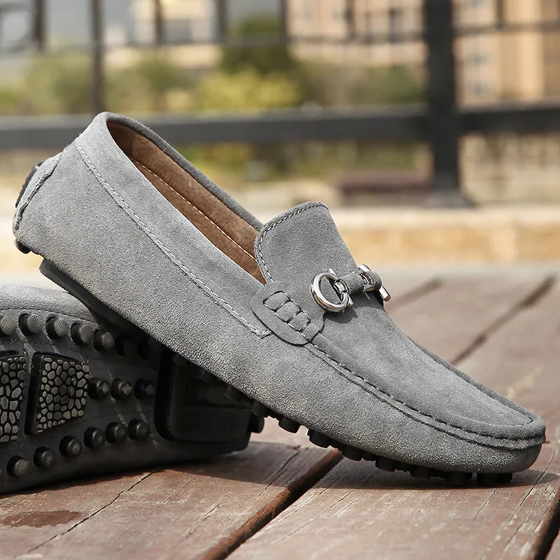 Men's slip-on business casual leather shoes made from cowhide matte leather with a flat stiletto heel, rubber sole, and square toe design, available in black, blue, and grey Korean style for summer wear and featuring a slip-on oversleeve design.