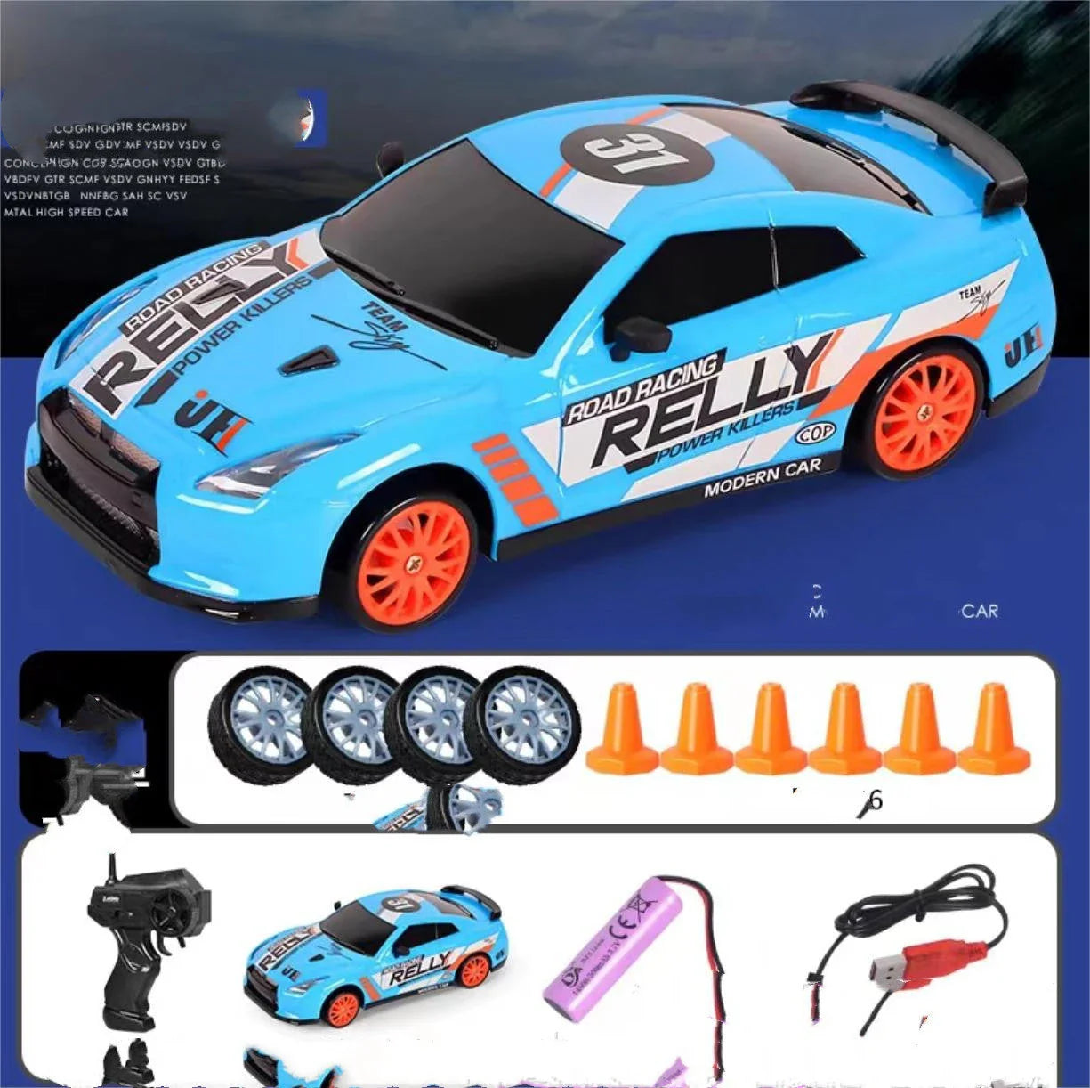 1:24 scale remote control drift car with powerful 4WD system, cool LED lights, and responsive 2.4 GHz remote for high-speed racing thrills