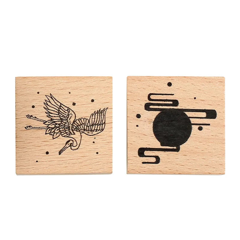 Mr. Paper wooden seal stamp with hand-carved rubber crane design for DIY printing