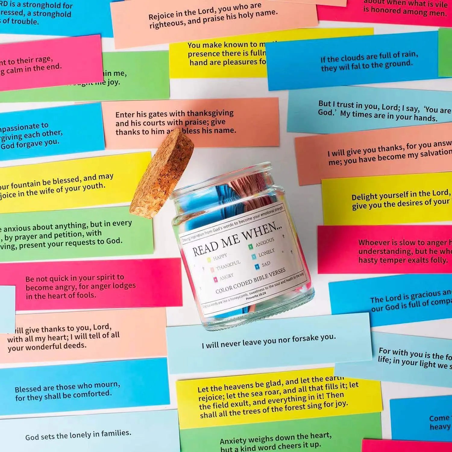 Glass Bible verses jar with cartoon design containing 90 rolled scripture papers in multiple colour options