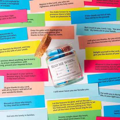 Glass Bible verses jar with cartoon design containing 90 rolled scripture papers in multiple colour options