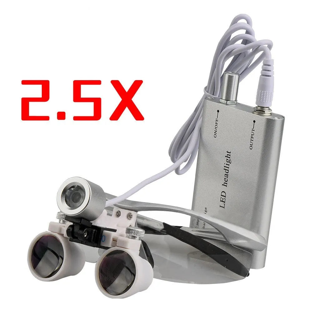 Black plastic head-mounted LED magnifying glass with 3.5X magnification lens for dental and close-up work
