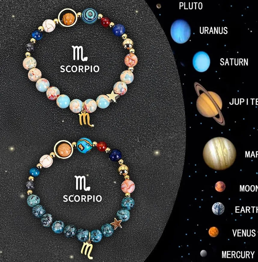 Natural stone zodiac bracelet set showing two adjustable bracelets with bead designs for astrological signs