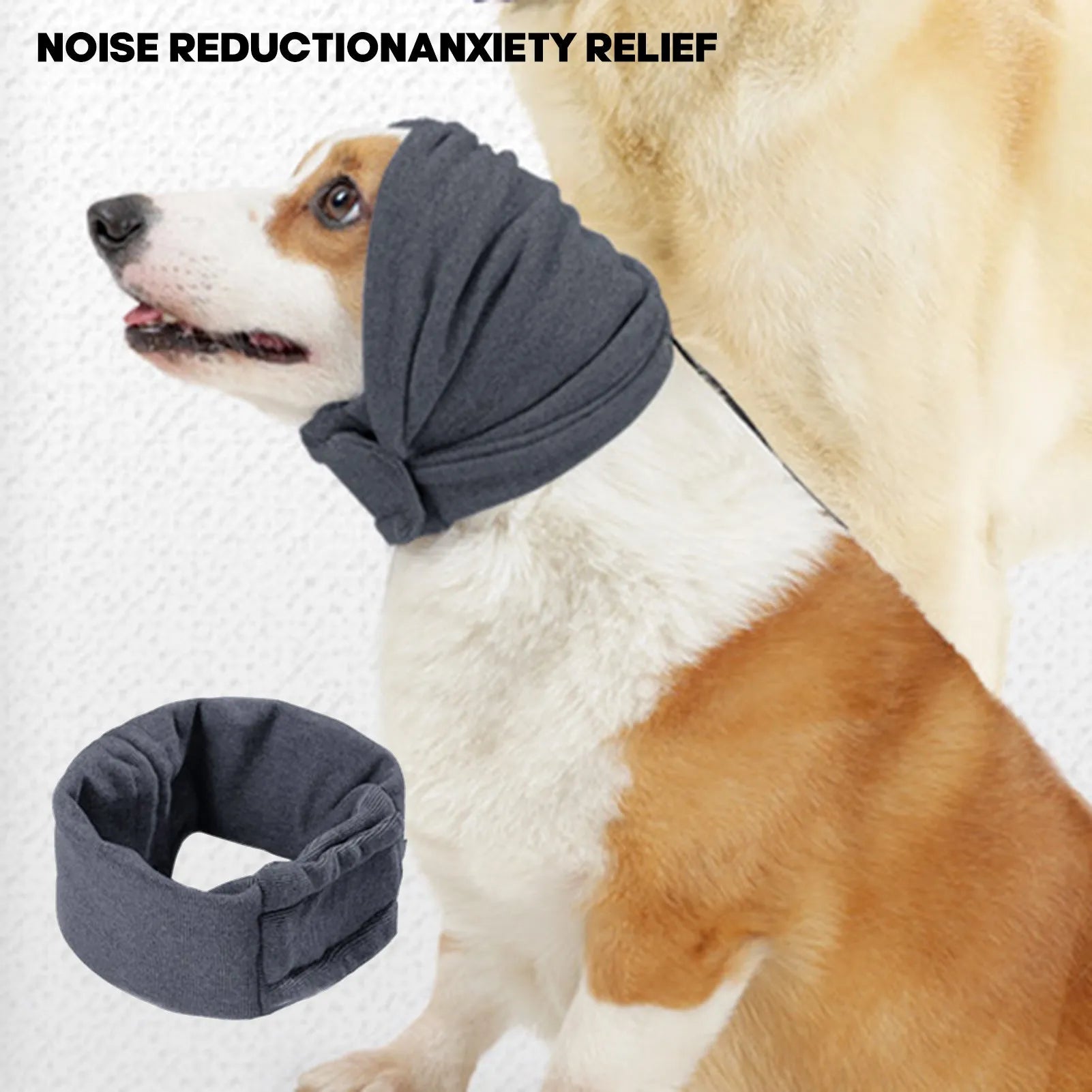 Soft polyester dog head cover for noise reduction and mealtime use in black or purple.