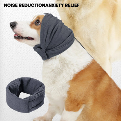Soft polyester dog head cover for noise reduction and mealtime use in black or purple.