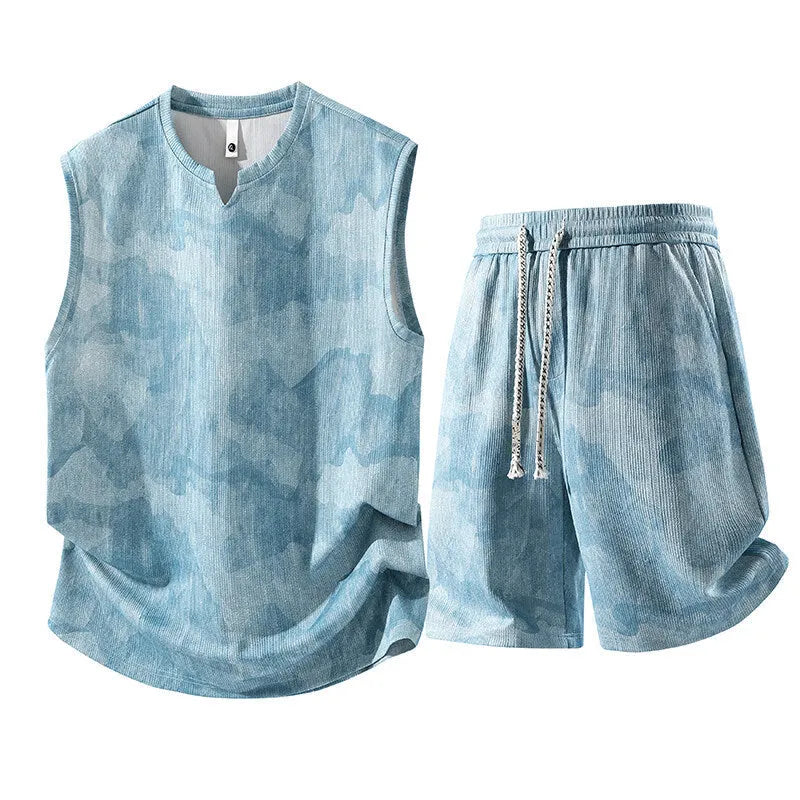 Sleeveless vest and fifth pants two-piece suit in extended sizes with quick-drying hemp fabric