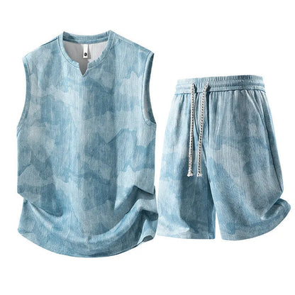 Sleeveless vest and fifth pants two-piece suit in extended sizes with quick-drying hemp fabric