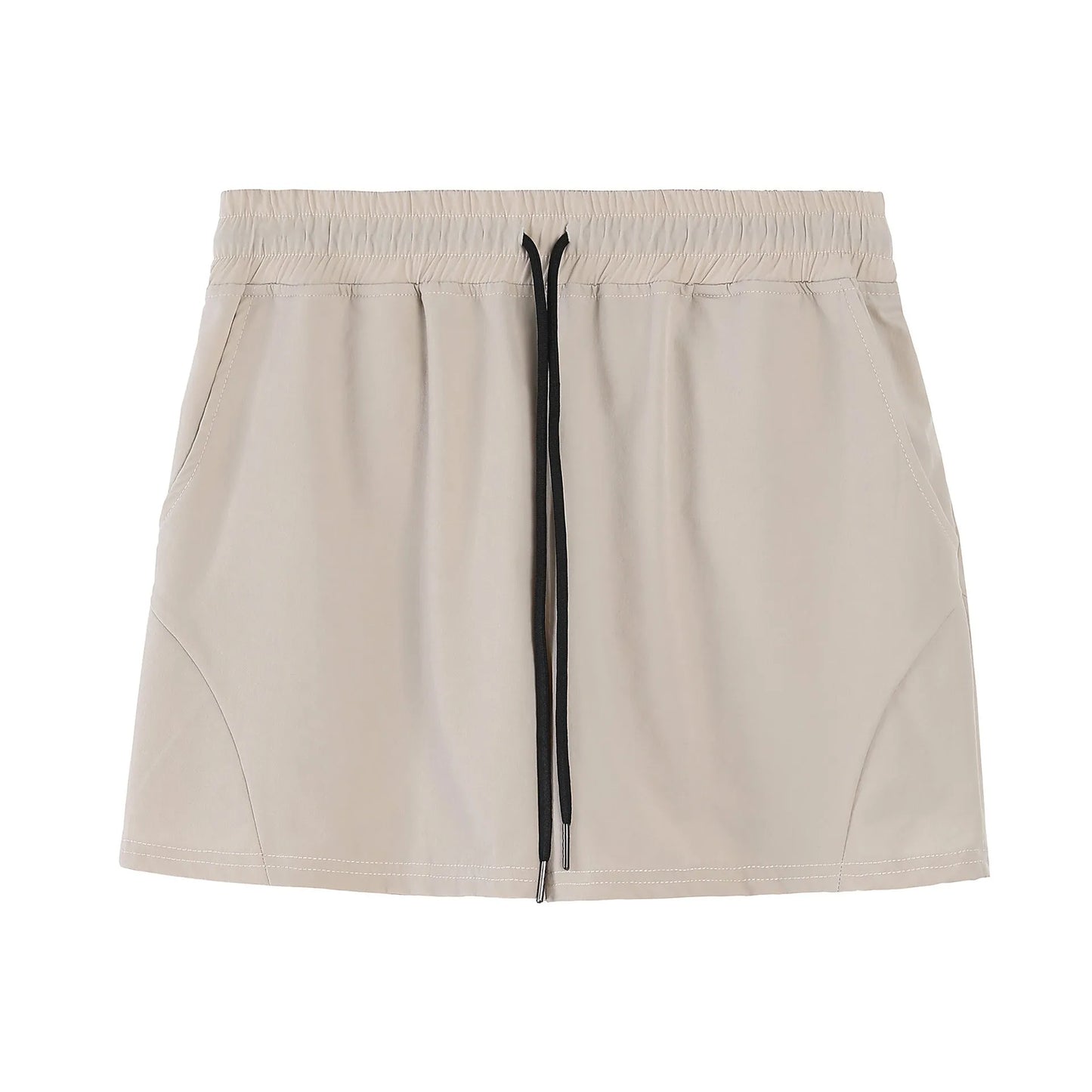 Men's thin grey polyester basketball shorts with an elastic waistband, shown laid flat.