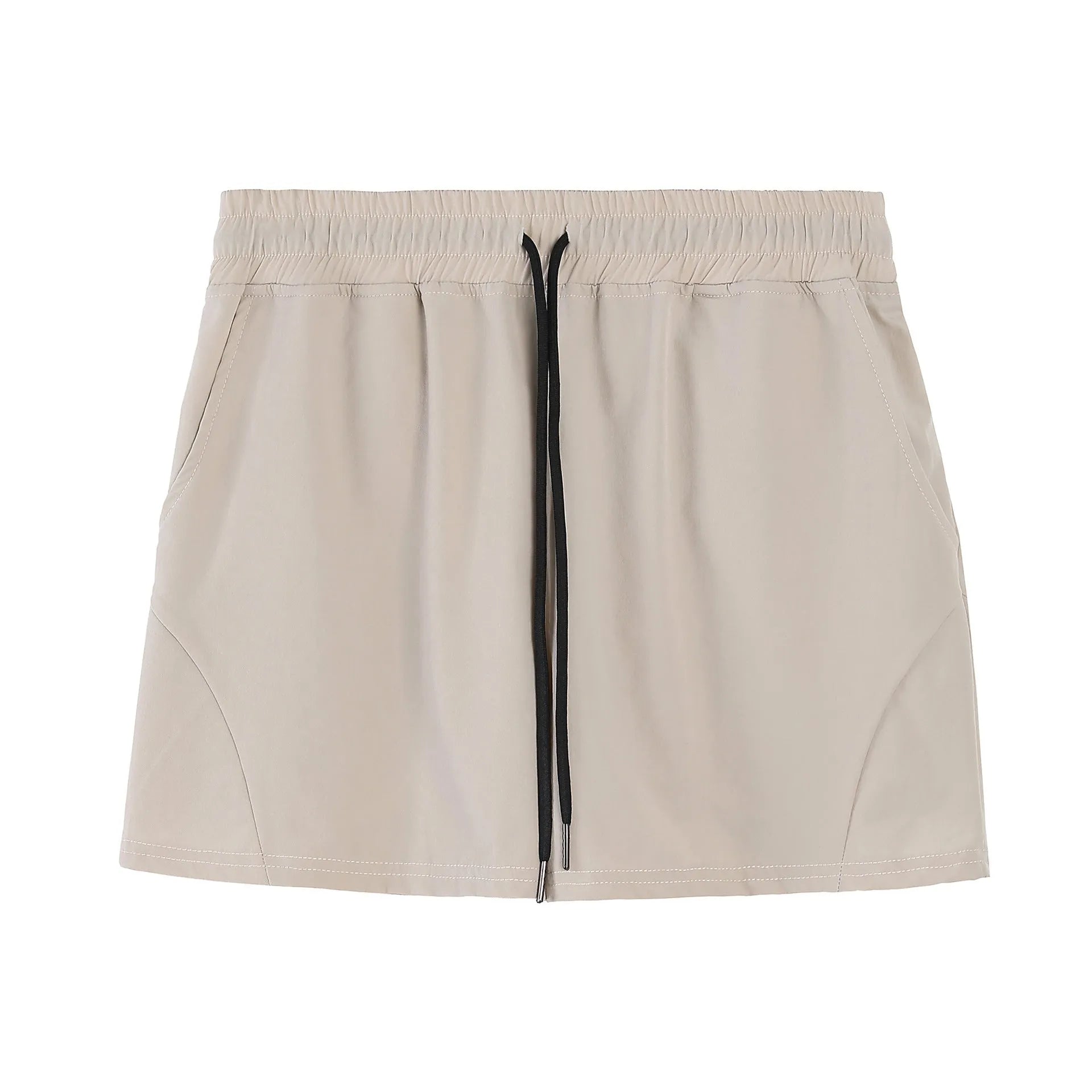 Men's thin grey polyester basketball shorts with an elastic waistband, shown laid flat.