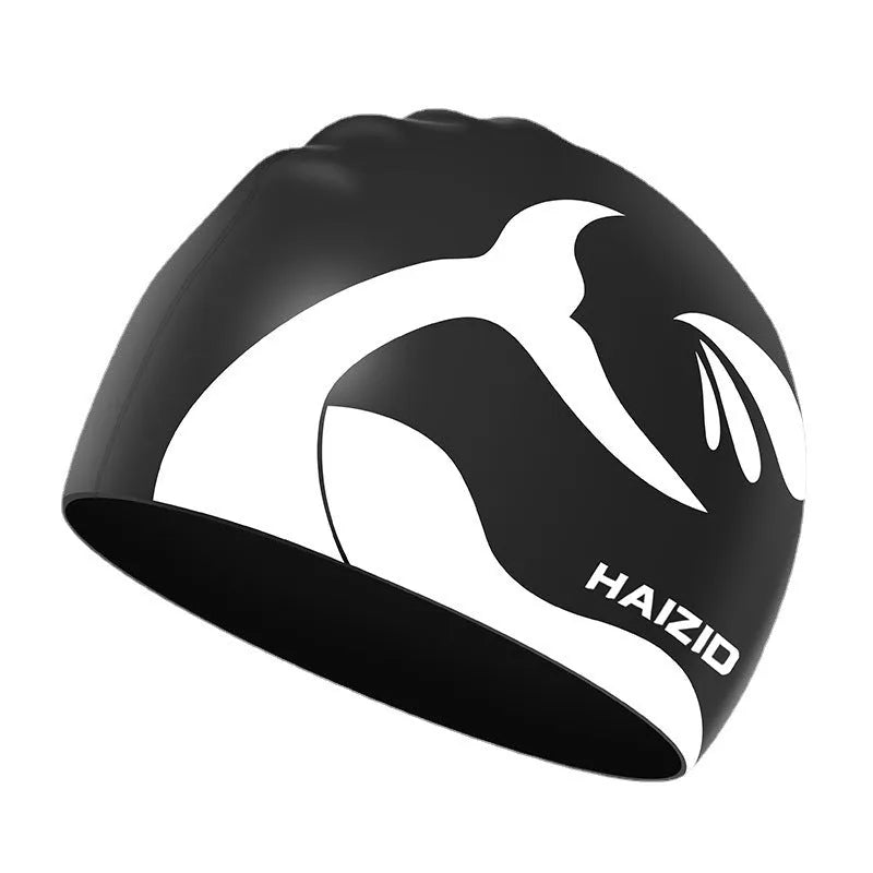 Silicone swim cap with whale tail pattern and waterproof ear protectors in various colours