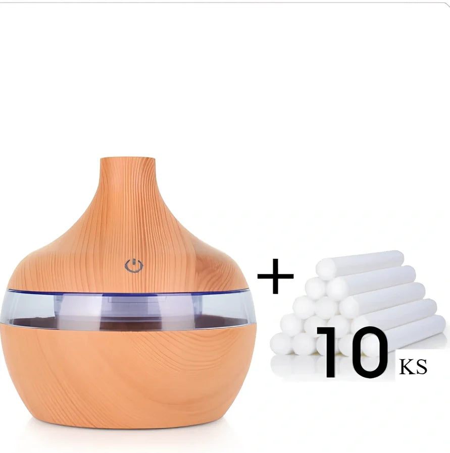 Compact wood grain USB humidifier with 300ml capacity, yellow wood-grain finish, LED lights, for aromatherapy misting