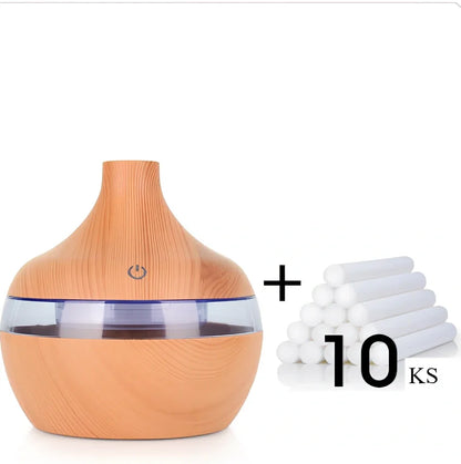 Compact wood grain USB humidifier with 300ml capacity, yellow wood-grain finish, LED lights, for aromatherapy misting