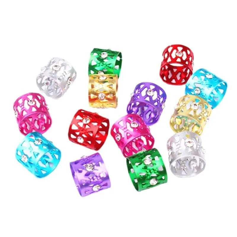 Aluminium hair ring wig decoration in mixed colours showing crown and heart shape designs