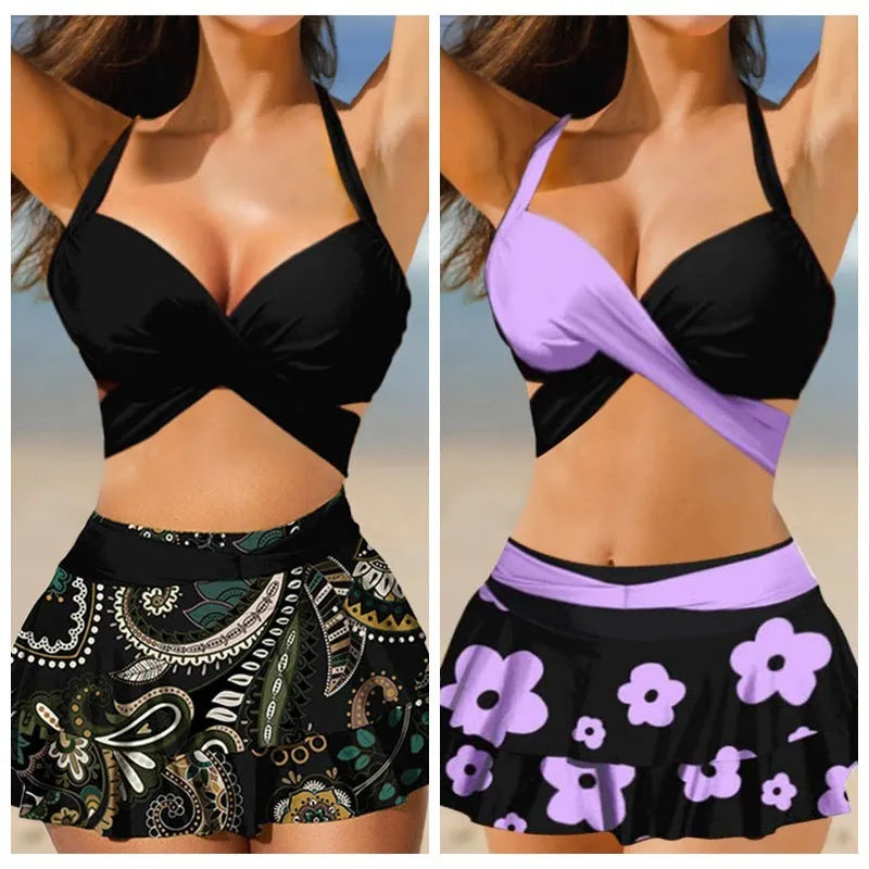 Purple women's bikini and high-waisted skirt swimsuit set with lace-up back detail.