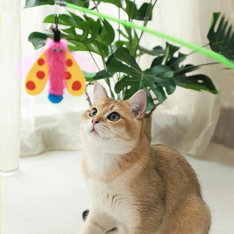 Cat wand toy with dragonfly attachment and bell on 49 cm blue ABS stick
