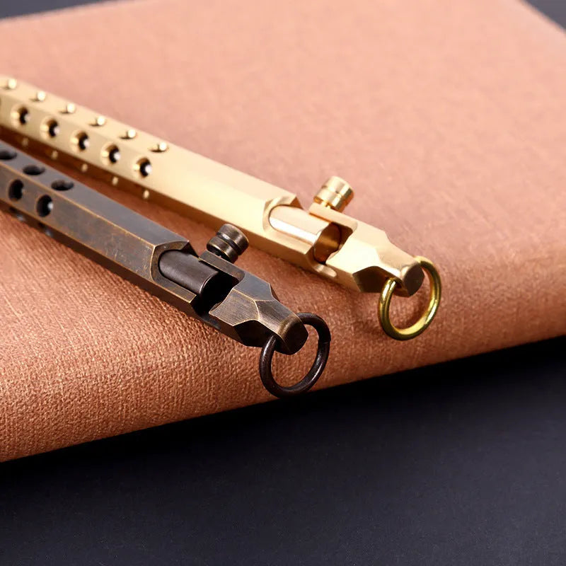 Brass hexagonal bolt pen with retro design showing 6-angle construction and 0.5mm writing tip