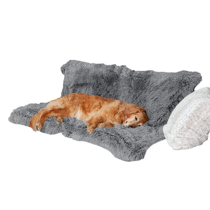 Plush waterproof dog cushion in dark grey, shown in a large size for pet comfort.