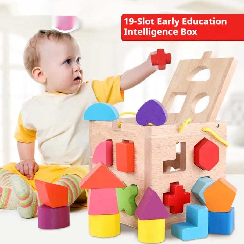 Wooden geometric shape matching building blocks for infants with multiple hole configurations