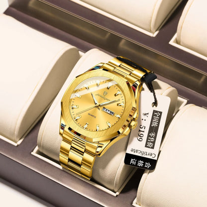 Men's steel strap quartz watch with 9mm thick case in a business style, showing colour options.