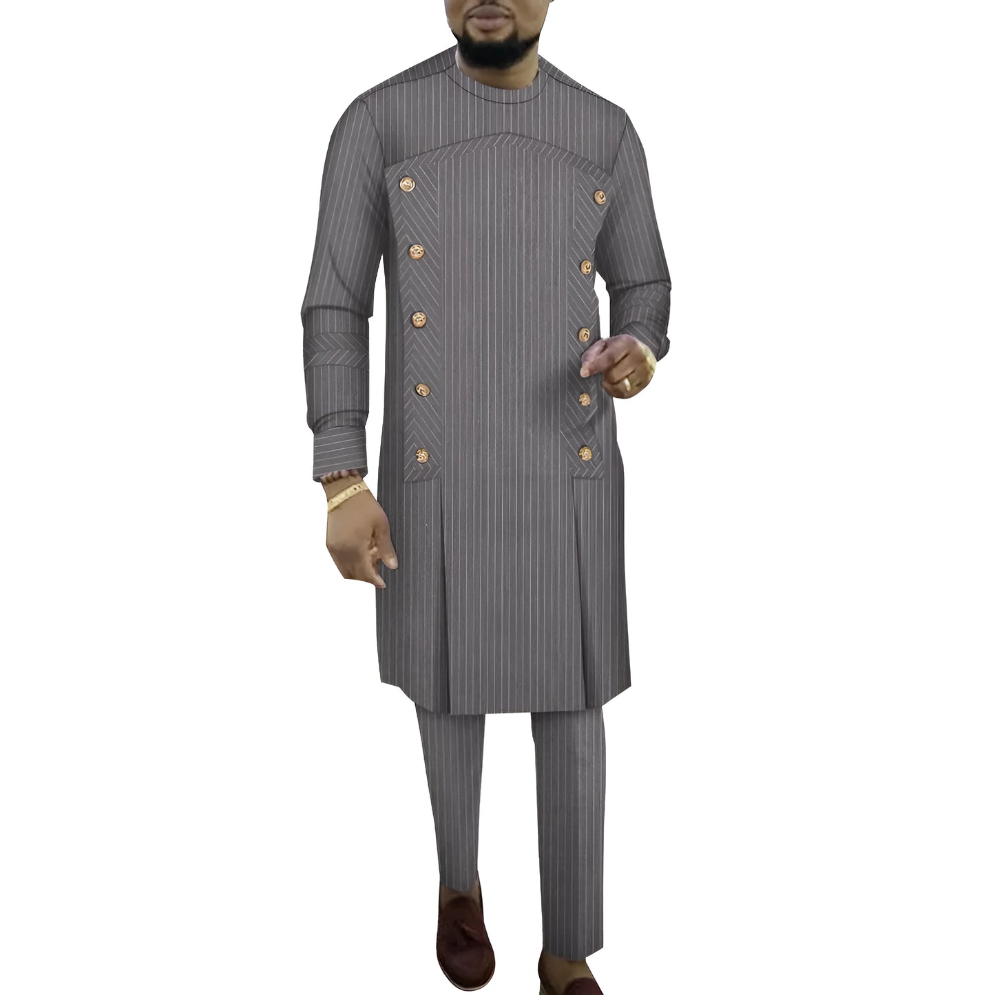 Cotton African striped men's long sleeve top and trousers two-piece loungewear set