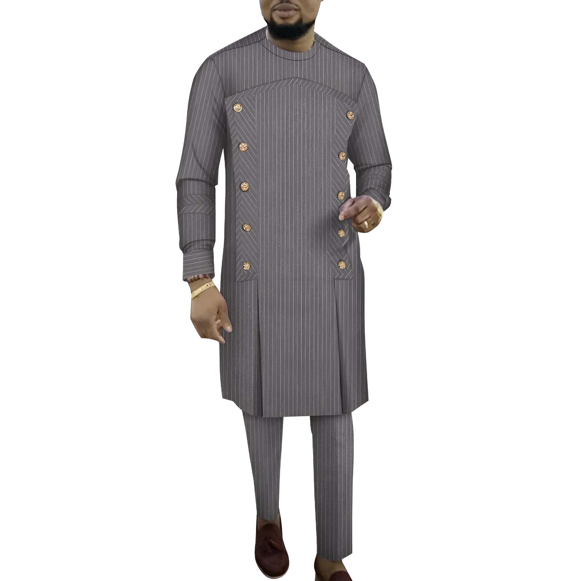 Cotton African striped men's long sleeve top and trousers two-piece loungewear set