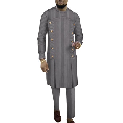 Cotton African striped men's long sleeve top and trousers two-piece loungewear set