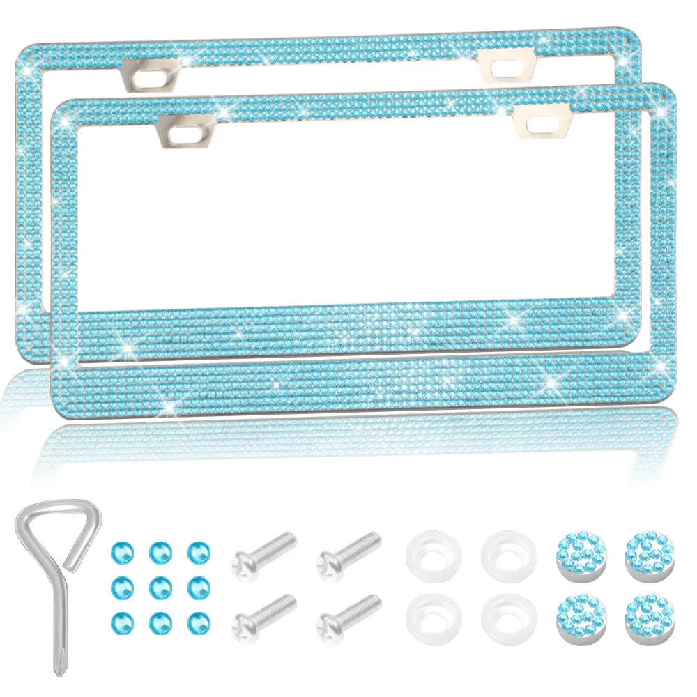 Stainless steel license plate frame with square holes for applying coloured acrylic diamond crystals.