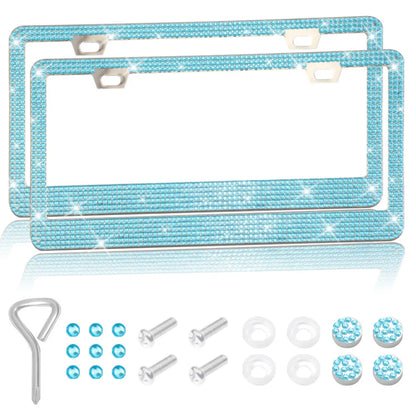 Stainless steel license plate frame with square holes for applying coloured acrylic diamond crystals.