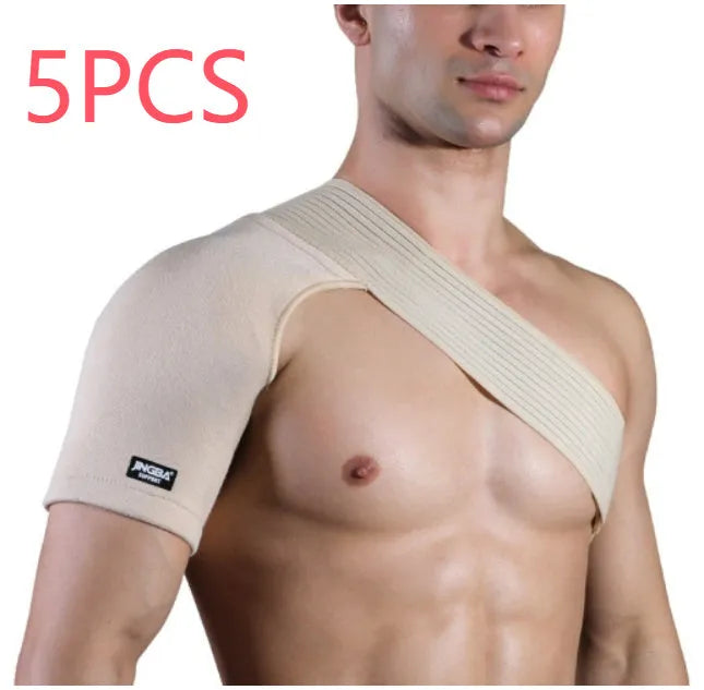Adjustable skin-colour breathable shoulder support strap for sports like weightlifting and cycling.