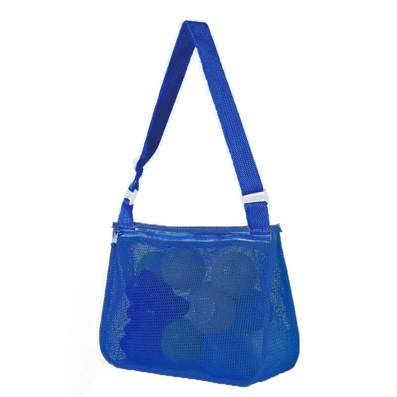 Blue children's drawstring travel storage bag made of nylon mesh for organising toys and clothes.