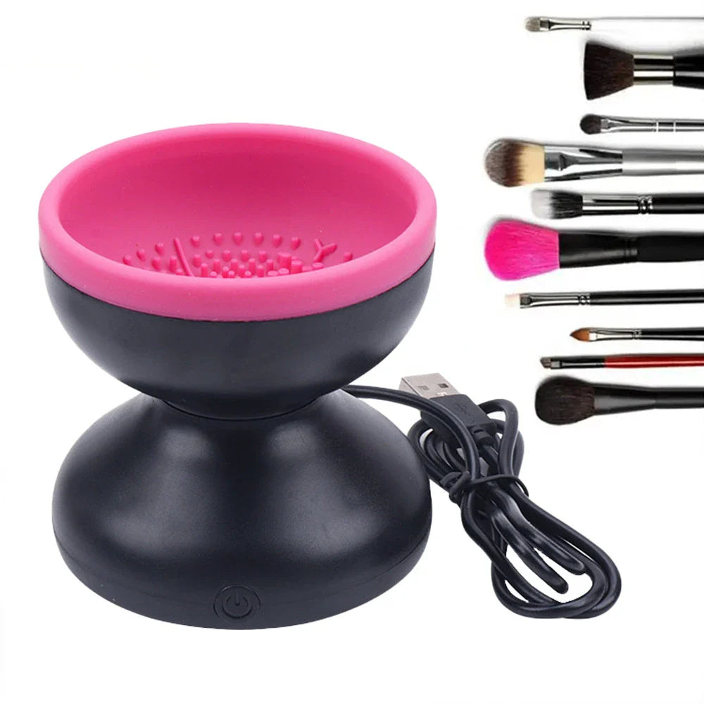 Electric makeup brush cleaner with silicone container and automatic cleaning capabilities for all brush sizes