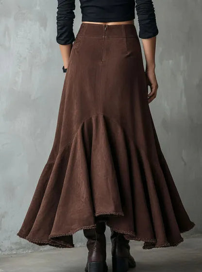 Western brown maxi skirt with high-low hemline and ruffle detailing in eco suede polyester