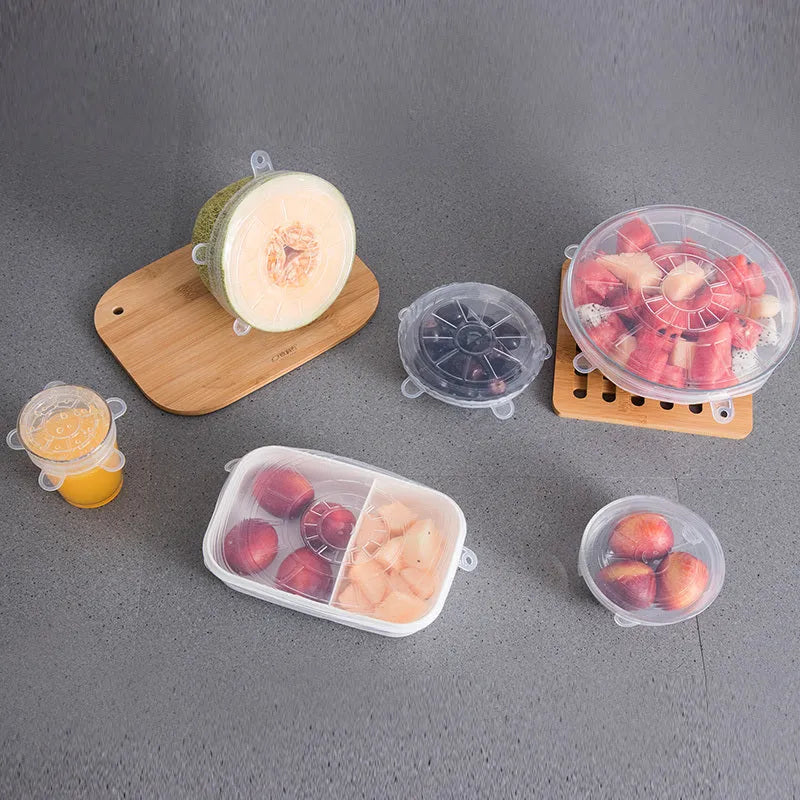 Six silicone stretch lids in graduated sizes from 6.5cm to 20.5cm diameter for covering bowls and jars