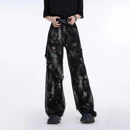 Men's heavyweight washed graffiti jacket and trousers in cotton denim with American street style