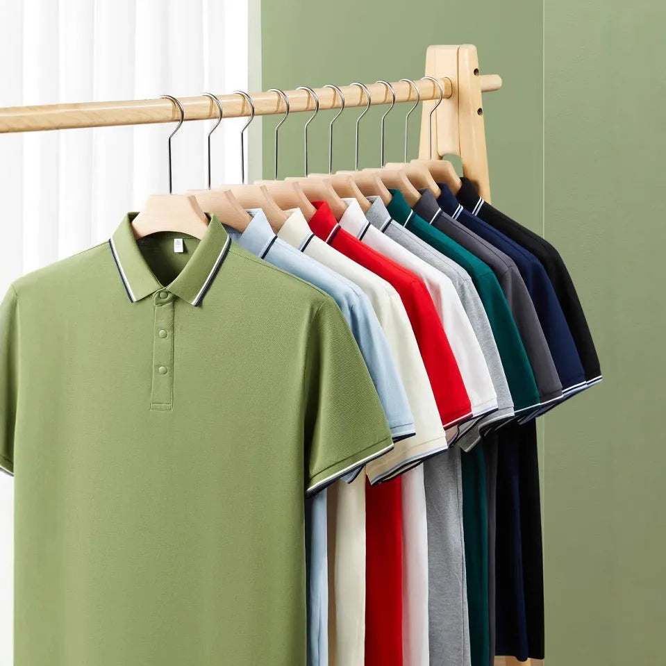 Men's pure cotton short sleeve polo shirt with lapels in a range of colours on a hanger.