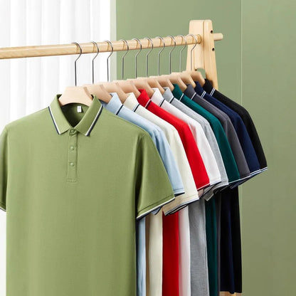 Men's pure cotton short sleeve polo shirt with lapels in a range of colours on a hanger.