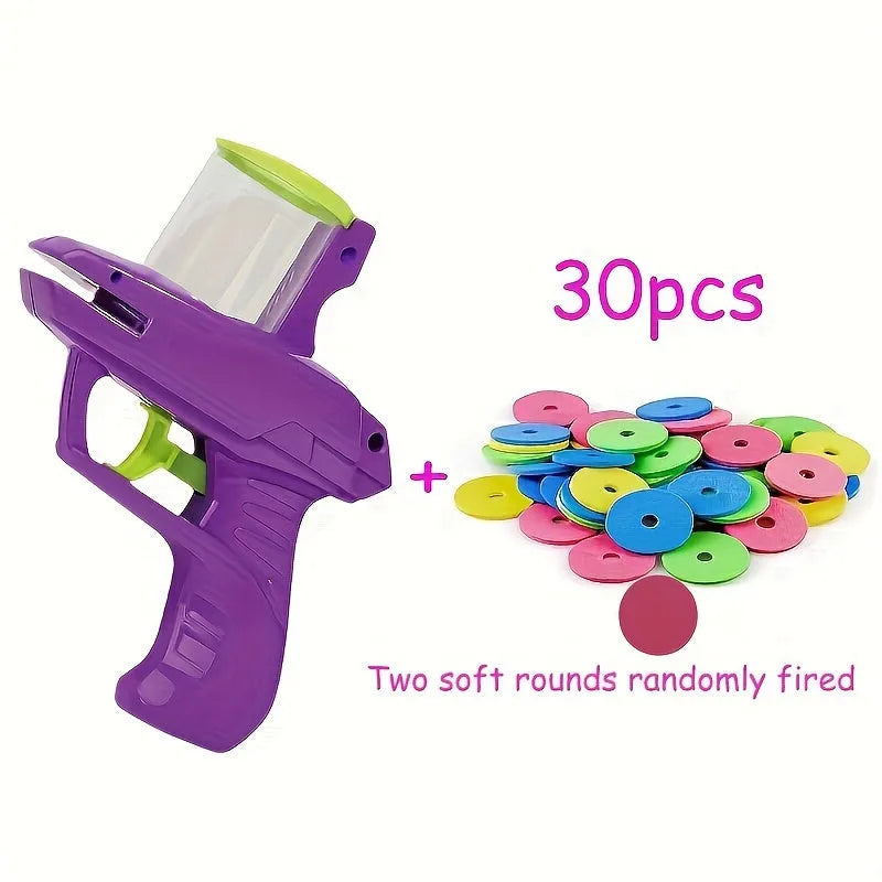 Green and purple durable plastic cat toy launcher for foam disc play without batteries
