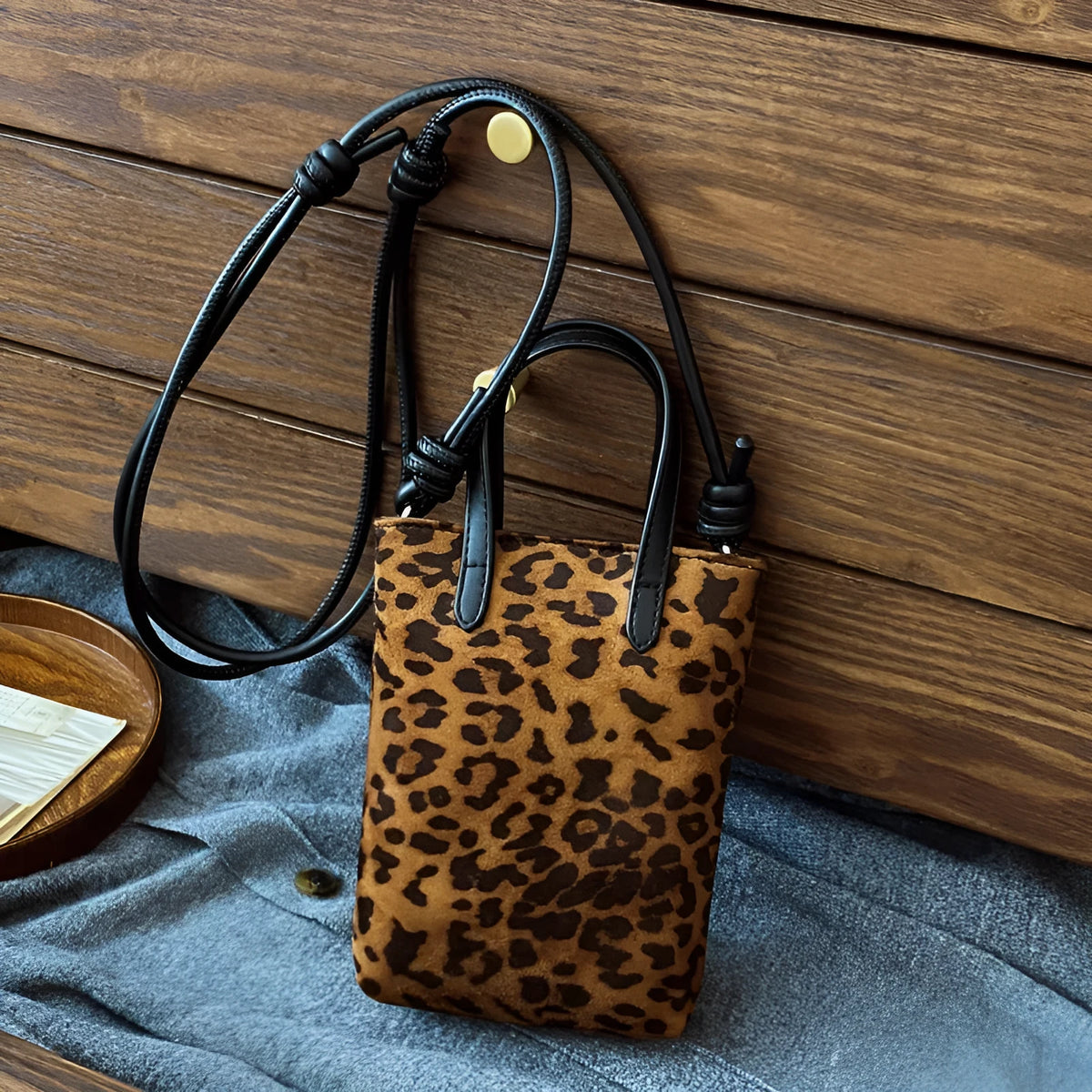 Flowing water bucket messenger bag in contrast colour and leopard print with PU outer and double connector strap