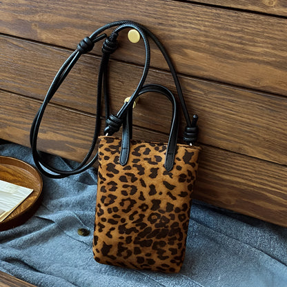 Flowing water bucket messenger bag in contrast colour and leopard print with PU outer and double connector strap