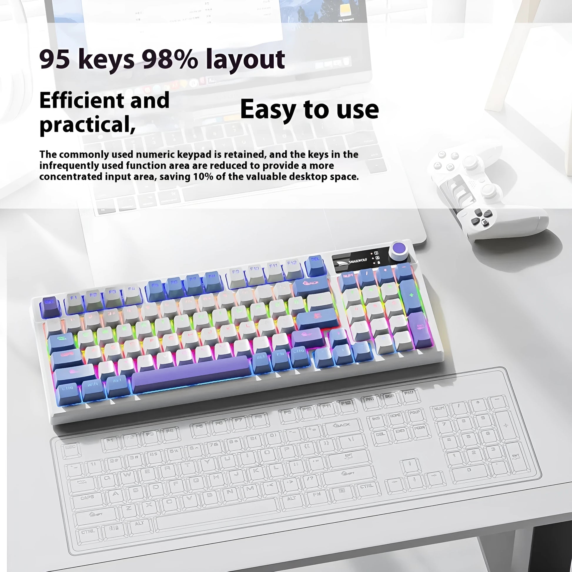 SK15 wired mechanical keyboard with rotary knob in choice of sunset orange, autumn water blue, or black colour for e-sports gaming
