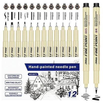 Waterproof black ink needle pen with cartoon syringe drawing on its 133mm plastic body.