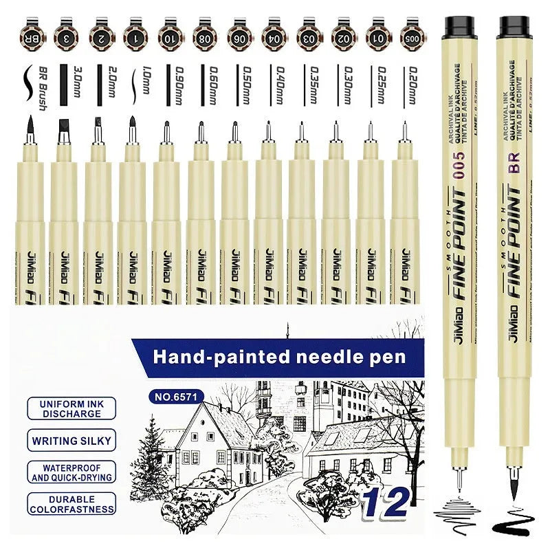 Needle pen for drawing and writing with a waterproof black ink cartridge housed in a 133mm plastic pen body weighing 9.5g, featuring a hook line art cartoon design and sketch hand drawn syringe style on the shell.