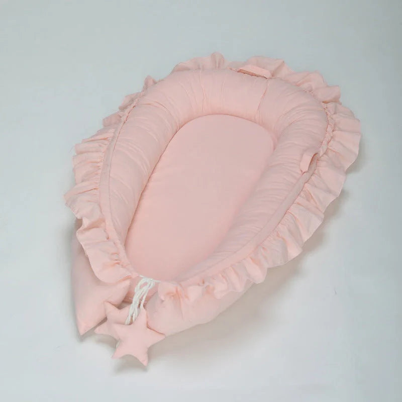 Lace Cotton Baby Bionic Bed Portable in pink, blue, purple, and beige