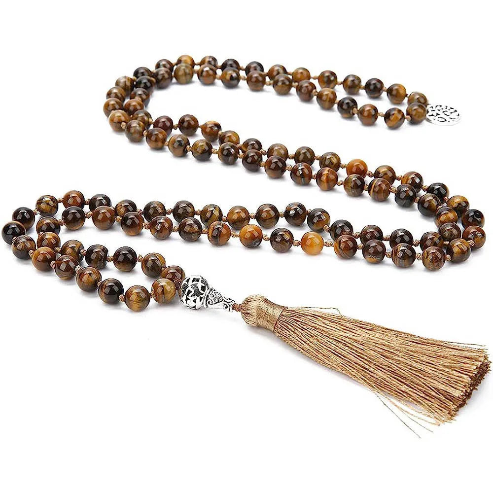 Handmade long stone beaded necklace with 108 8mm beads in a choice of 12 natural colours.